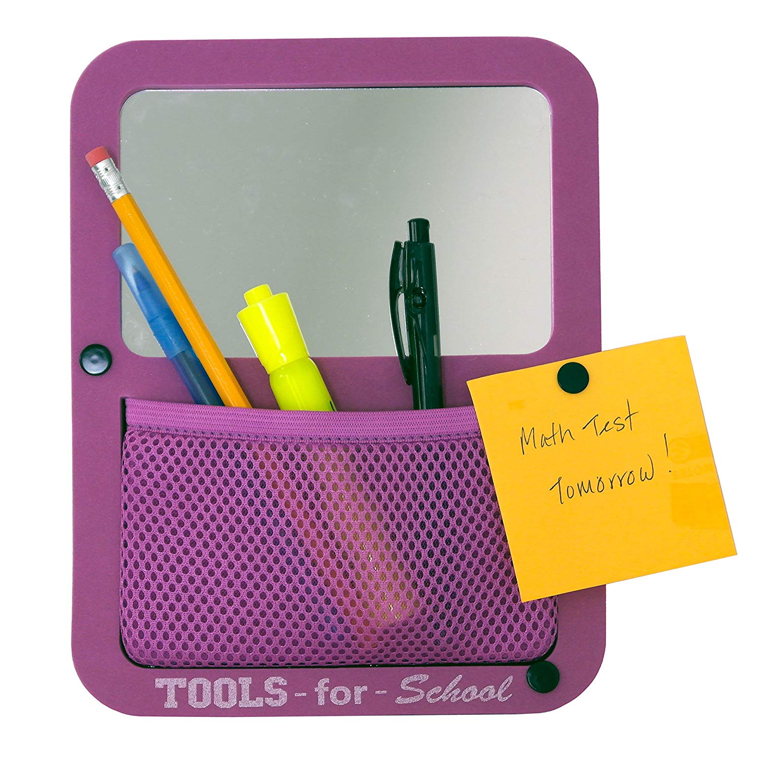 Tools for School Magnetic Locker Mirror with Elastic Mesh Pocket Organizer  for Pens, Pencils and Markers. Extra Strong Magnet. Includes 5 Push Pins